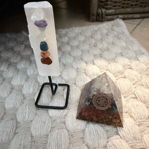 Crystal Chakra Set with Selenite Tower and Orgone Pyramid